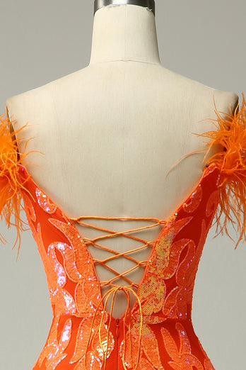 Sparkly Mermaid Orange Long Prom Dress with Feathers