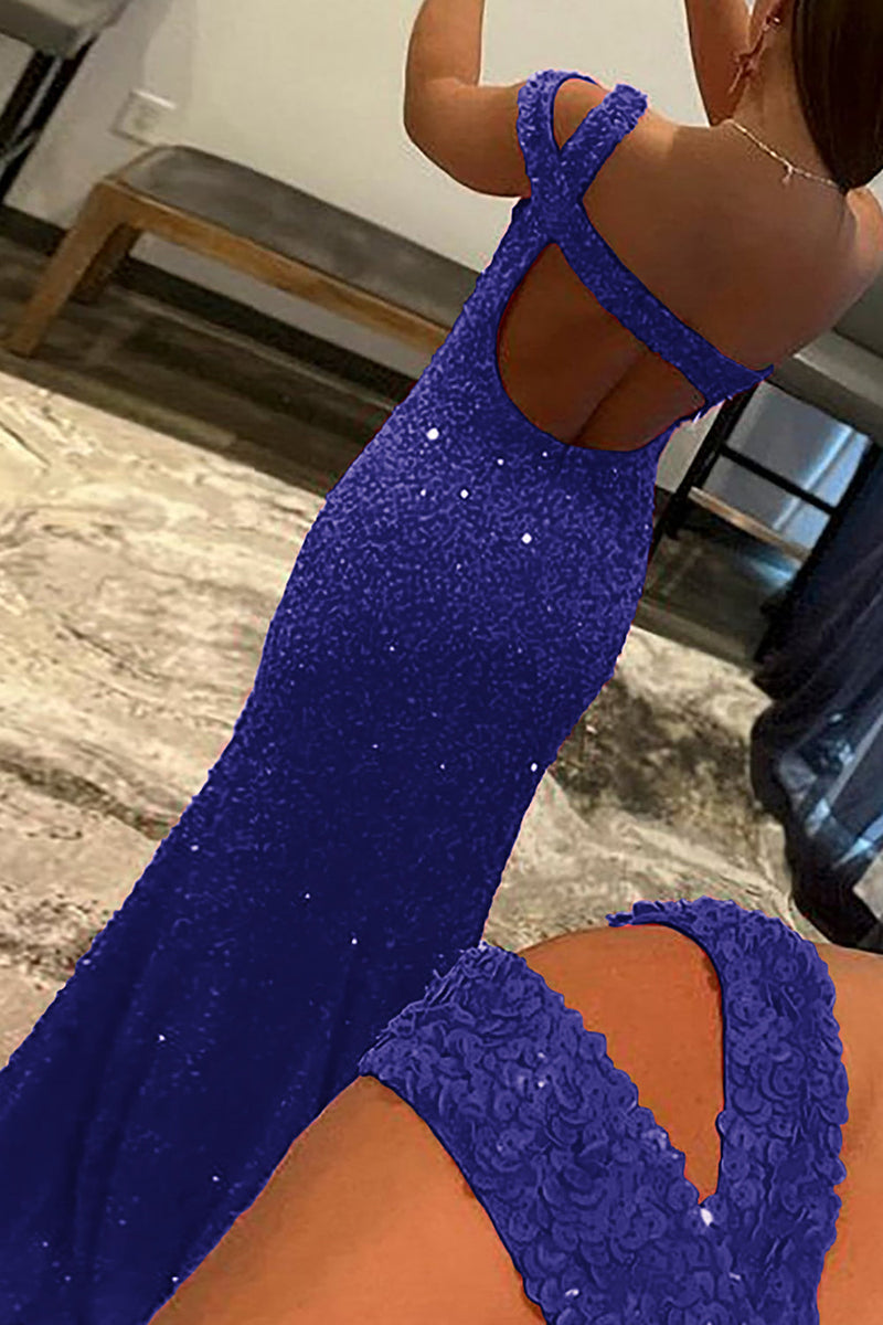 Load image into Gallery viewer, Royal Blue One Shoulder Sequins Prom Dress