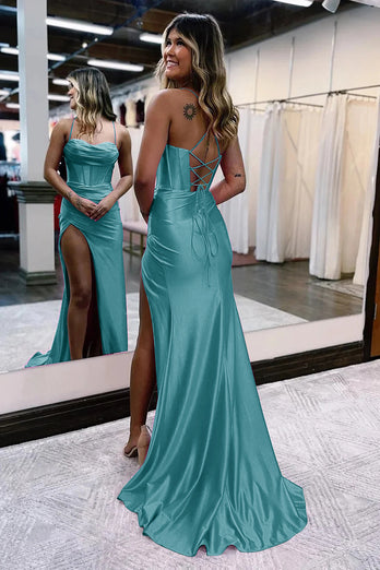 Golden Spaghetti Straps Satin Mermaid Prom Dress with Slit