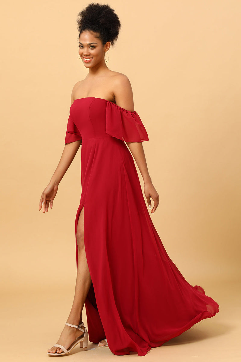 Load image into Gallery viewer, Burgundy Off the Shoulder Chiffon Bridesmaid Dress with Slit