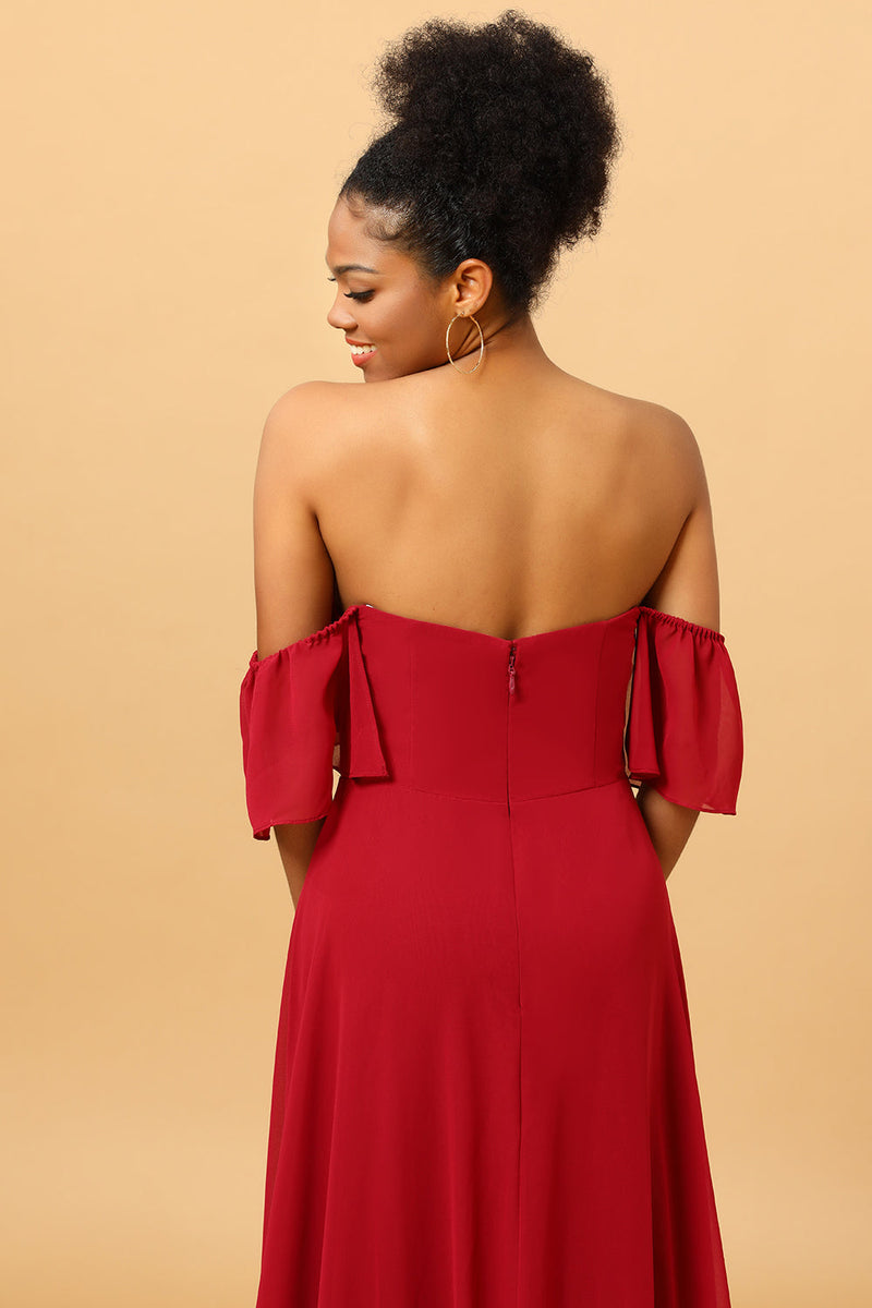 Load image into Gallery viewer, Burgundy Off the Shoulder Chiffon Bridesmaid Dress with Slit