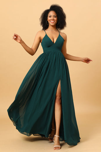 Pine A Line Lace-Up Back Chiffon Bridesmaid Dress with Slit