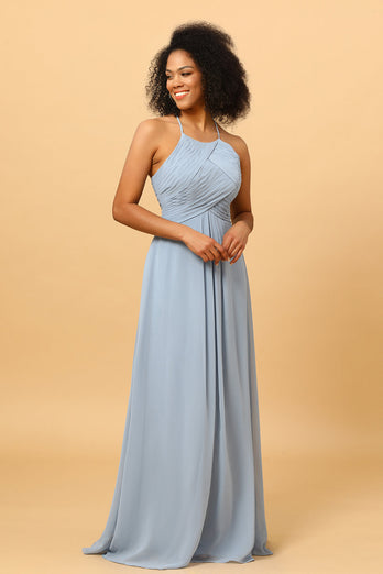 Dusty Blue Sheath Halter Open Back Long Chiffon Bridesmaid Dress