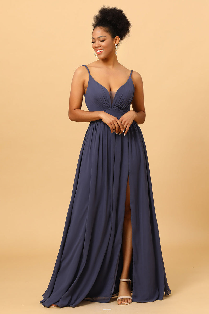 Load image into Gallery viewer, Twilight Ruched Long Chiffon Bridesmaid Dress with Slit