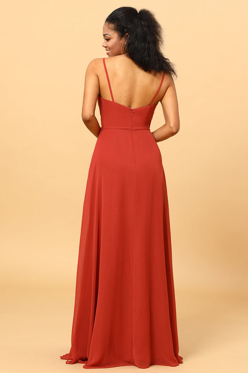 Load image into Gallery viewer, Spaghetti Straps Chiffon A-line Bridesmaid Dress with Slit