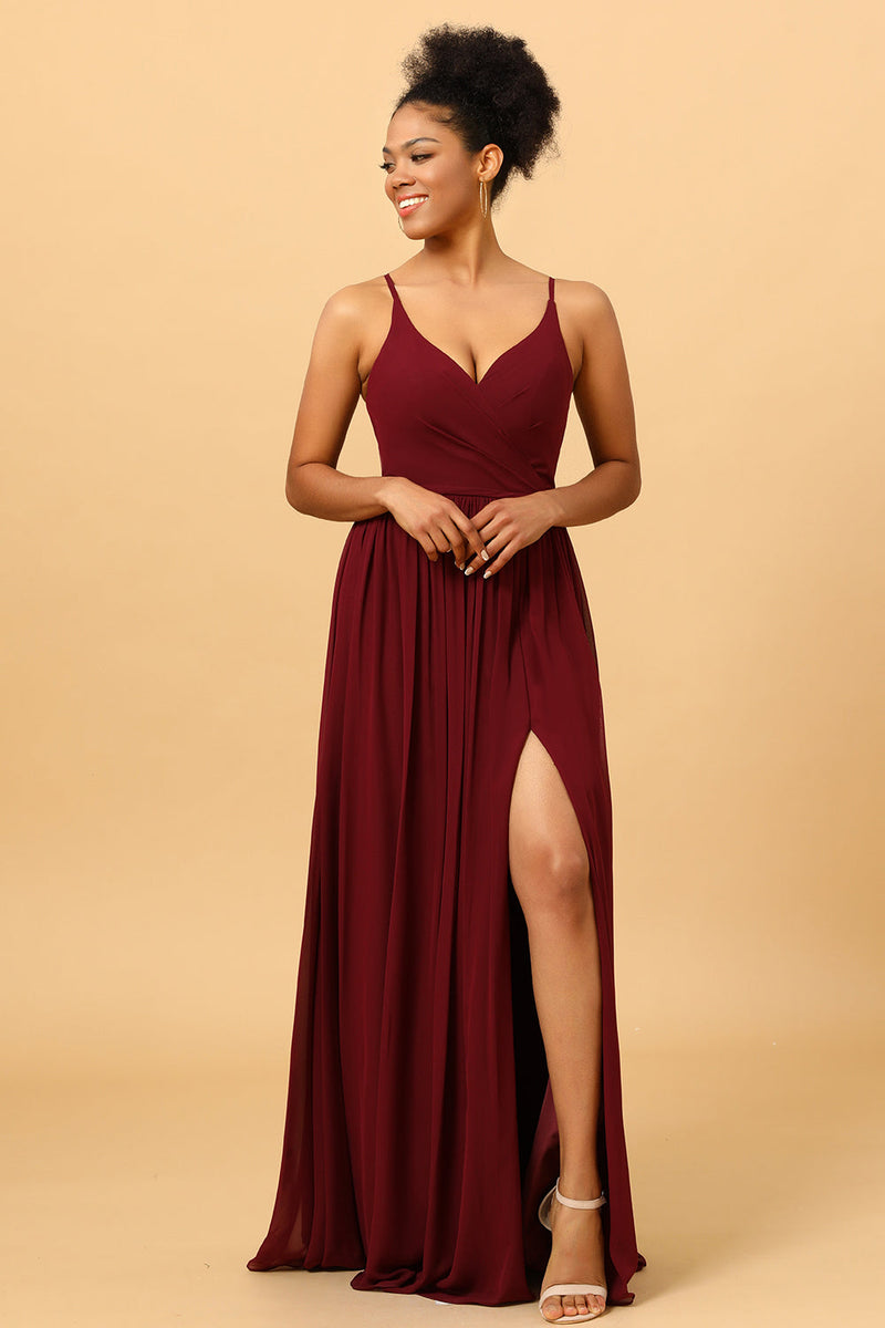 Load image into Gallery viewer, Burgundy A-Line Spaghetti Straps Ruched Long Chiffon Bridesmaid Dress with Slit