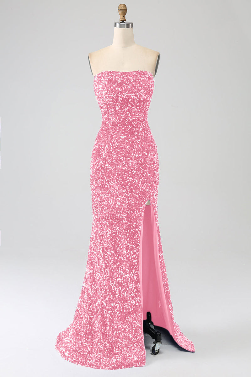 Load image into Gallery viewer, Pink Mermaid Strapless Sequins Long Prom Dress With Slit