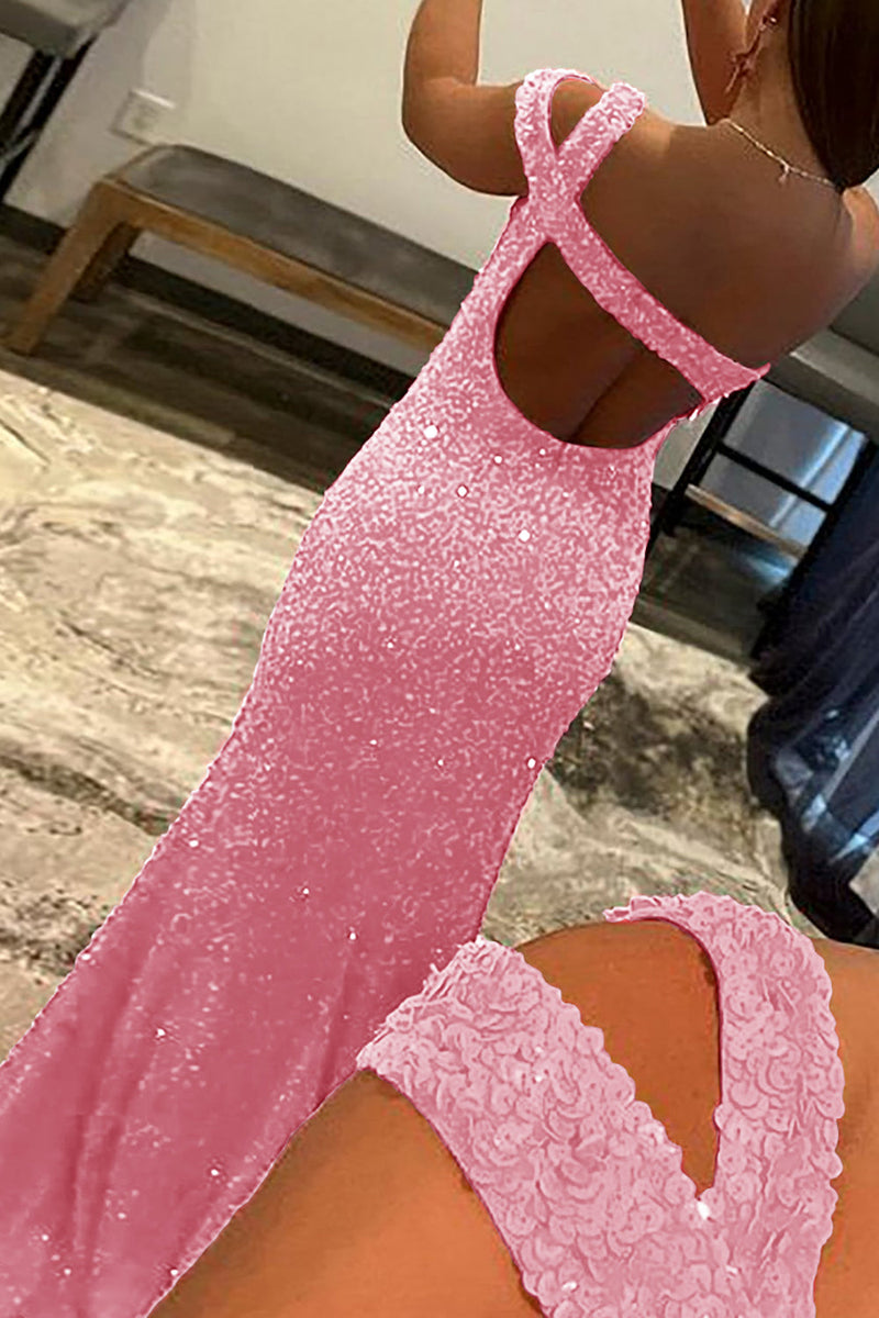 Load image into Gallery viewer, Fuchsia One Shoulder Sequins Prom Dress