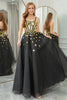 Load image into Gallery viewer, Black Golden Sequins A Line Long Corset Mirror Prom Dress