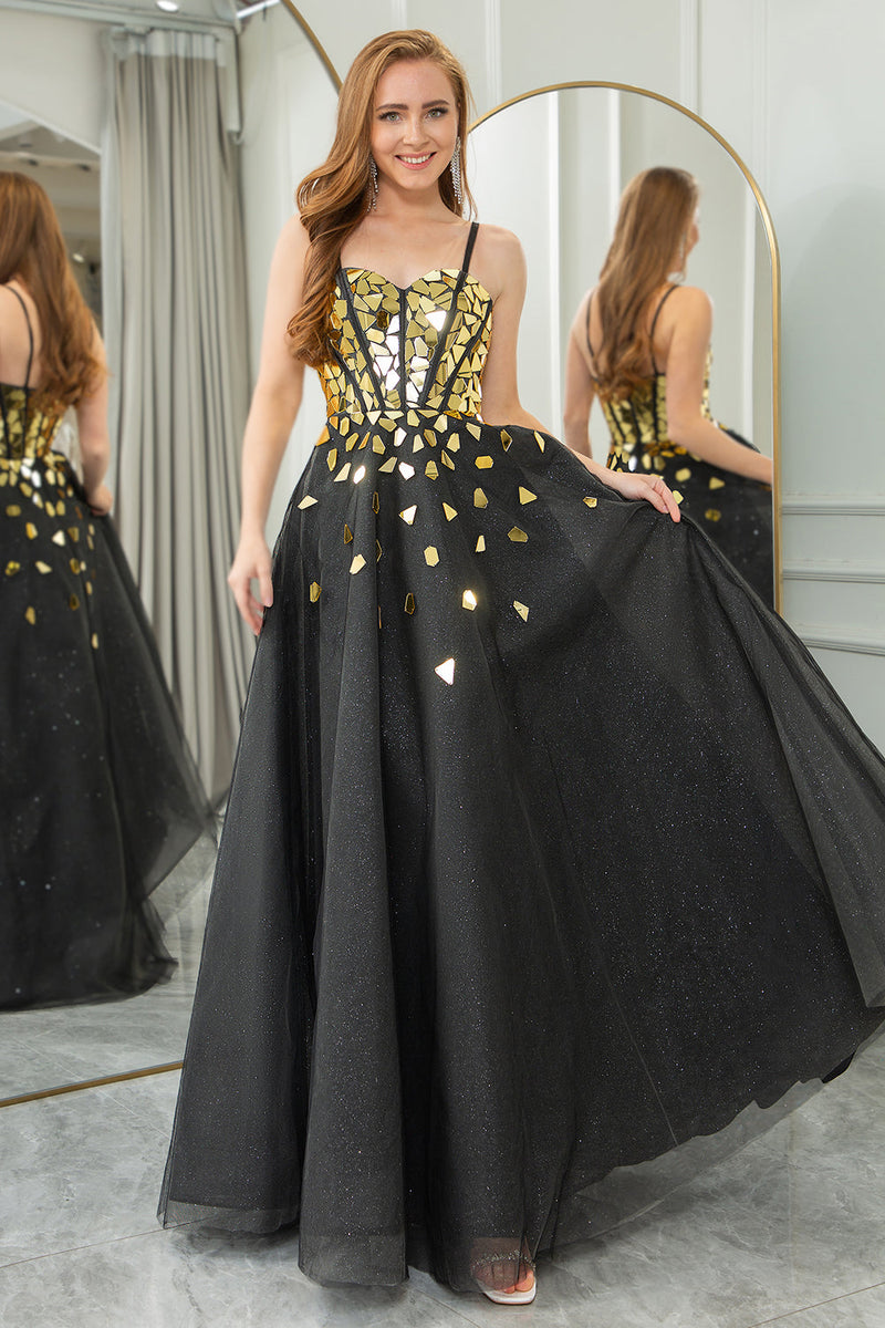 Load image into Gallery viewer, Black Golden Sequins A Line Long Corset Mirror Prom Dress