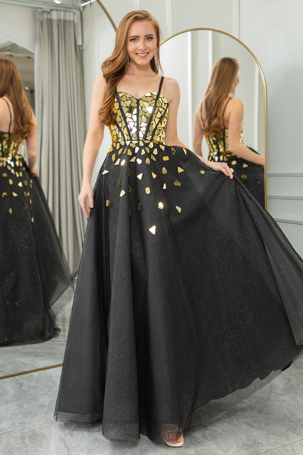 Black Golden Sequins A Line Long Corset Mirror Prom Dress