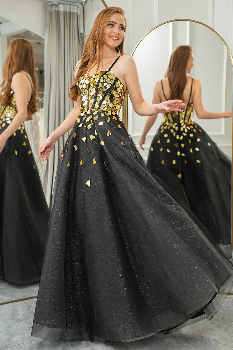 Load image into Gallery viewer, Black Golden Sequins A Line Long Corset Mirror Prom Dress