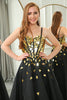 Load image into Gallery viewer, Black Golden Sequins A Line Long Corset Mirror Prom Dress