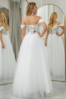 Pure White A Line Off the Shoulder Long Mirror Corset Prom Dress With Sequins