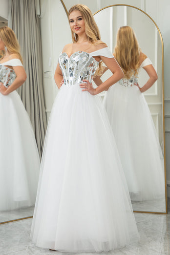 Pure White A Line Off the Shoulder Long Mirror Corset Prom Dress With Sequins