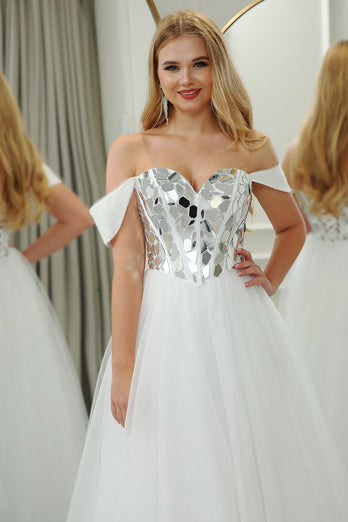 Pure White A Line Off the Shoulder Long Mirror Corset Prom Dress With Sequins