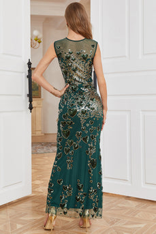 Sheath Round Neck Dark Green Beaded Prom Dress