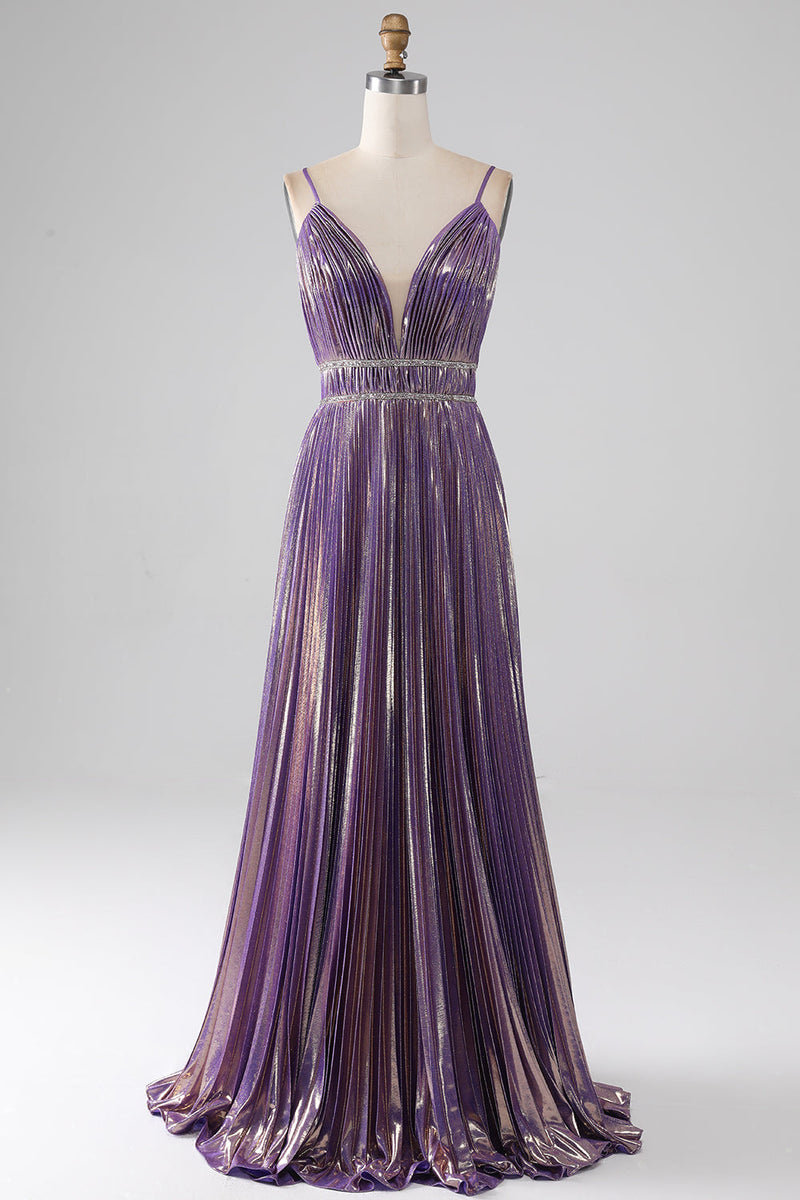 Load image into Gallery viewer, Glitter Purple A-Line Spaghetti Straps Pleated Prom Dress