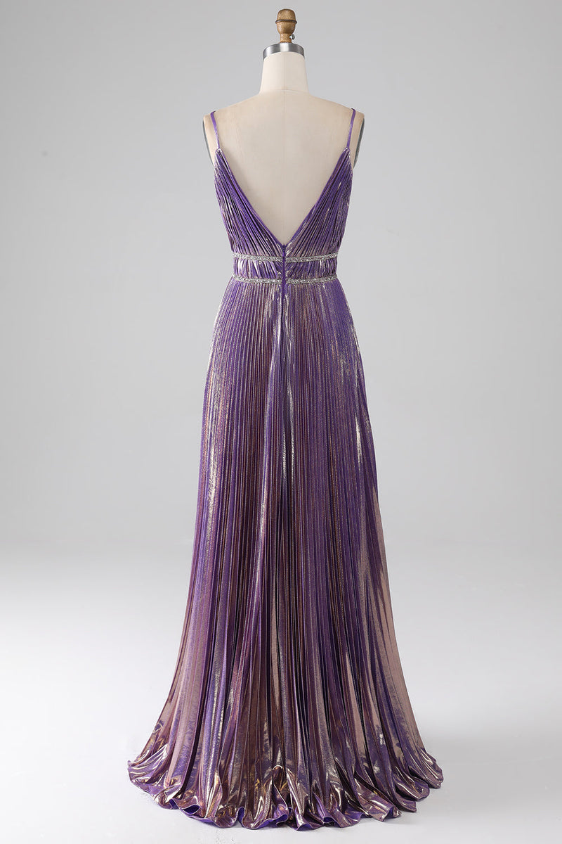 Load image into Gallery viewer, Glitter Purple A-Line Spaghetti Straps Pleated Prom Dress