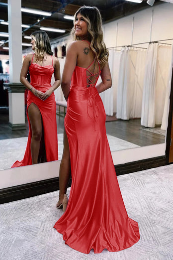 Golden Spaghetti Straps Satin Mermaid Prom Dress with Slit