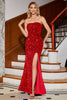 Load image into Gallery viewer, Sparkly Red Mermaid Strapless Sequins Long Prom Dress With Slit