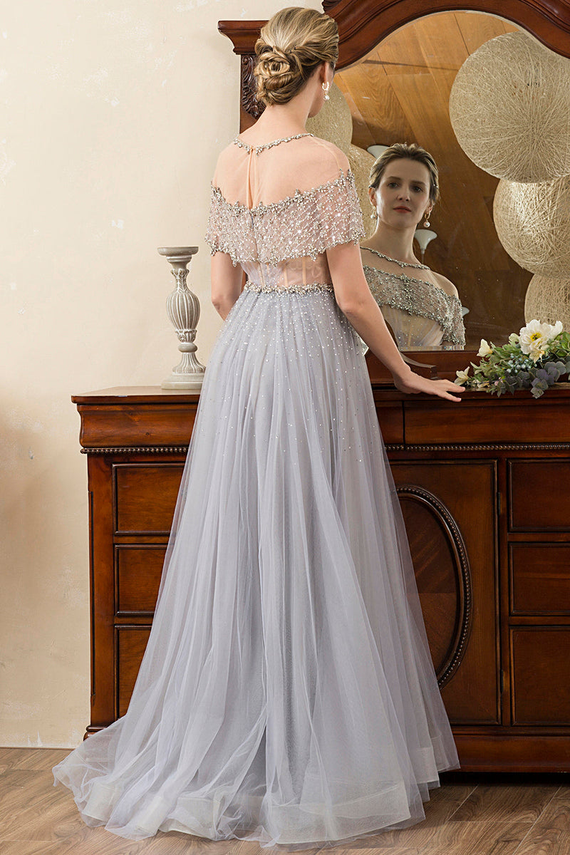 Load image into Gallery viewer, Grey Tulle A Line Beaded Glitter Mother of Bride Dress