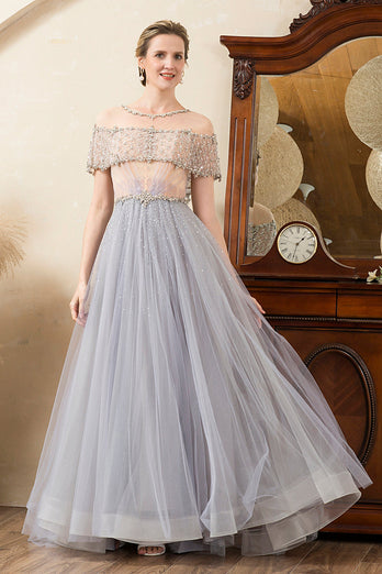 Grey Tulle A Line Beaded Glitter Mother of Bride Dress