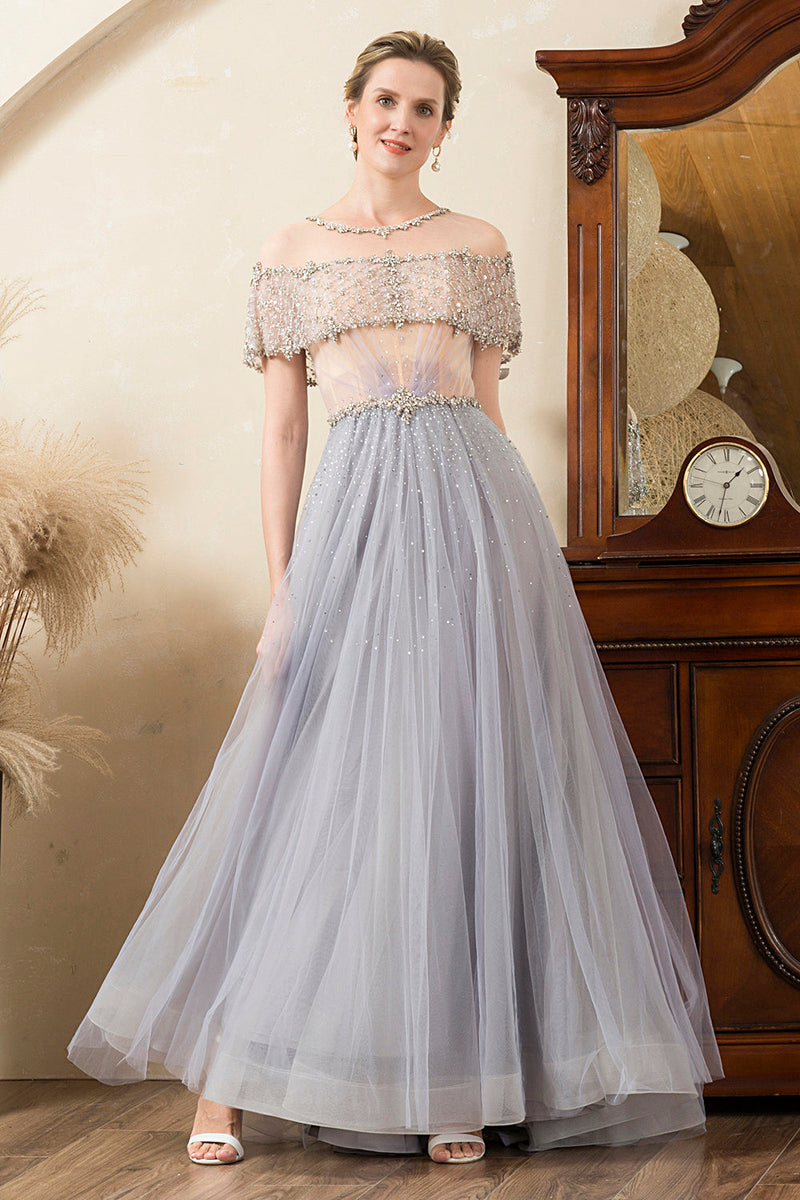 Load image into Gallery viewer, Grey Tulle A Line Beaded Glitter Mother of Bride Dress