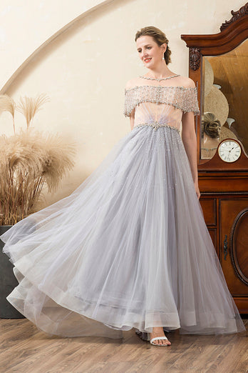 Grey Tulle A Line Beaded Glitter Mother of Bride Dress