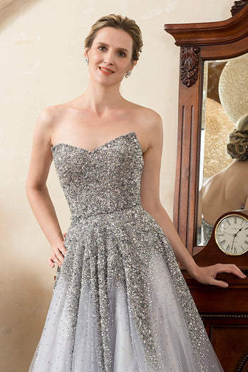 Grey Beading Sparkly Mother of Bride Dress