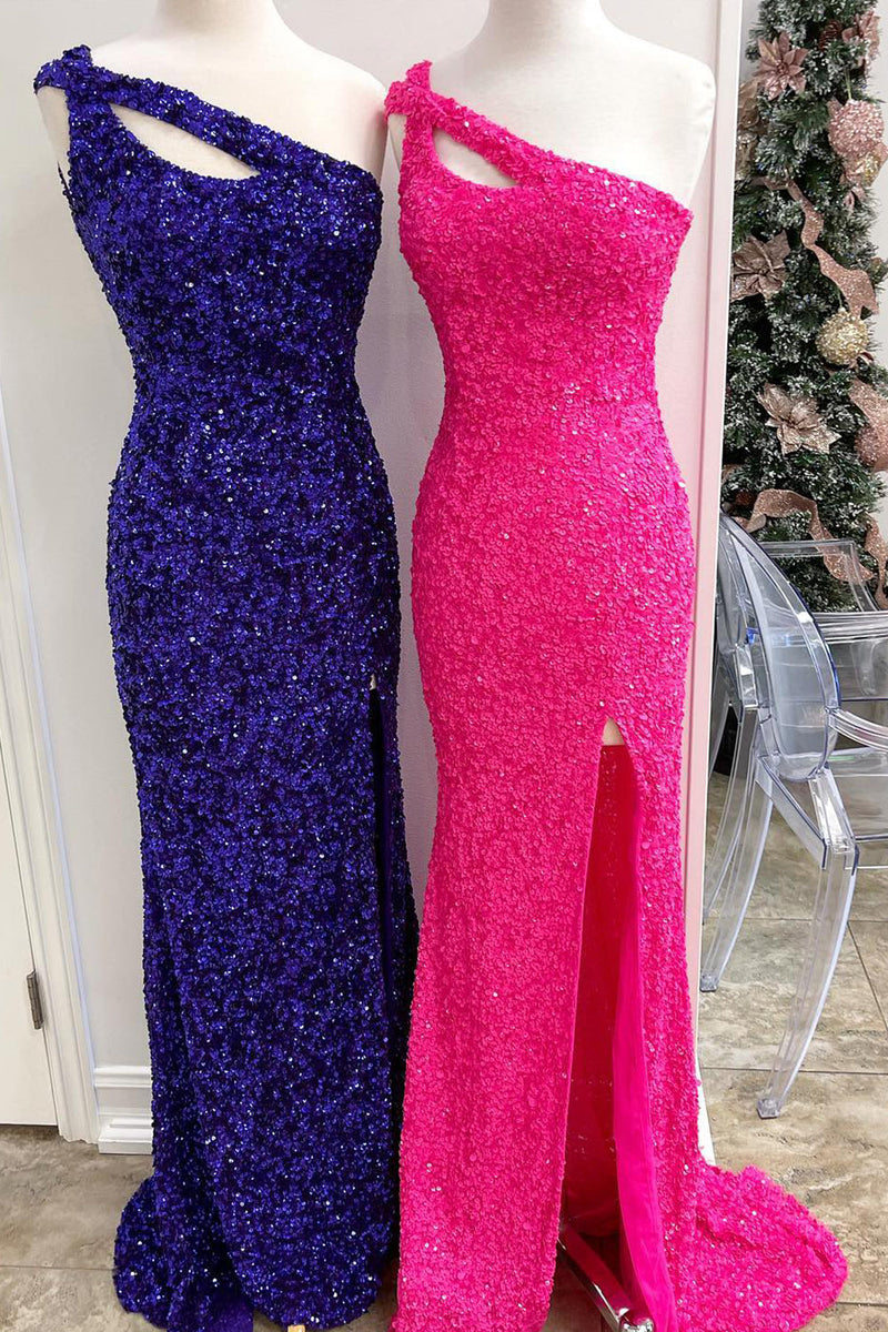 Load image into Gallery viewer, Sheath One Shoulder Red Sequins Long Prom Dress