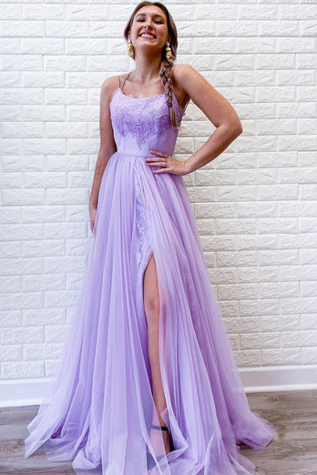 Light Purple Tulle Prom Dress with Lace