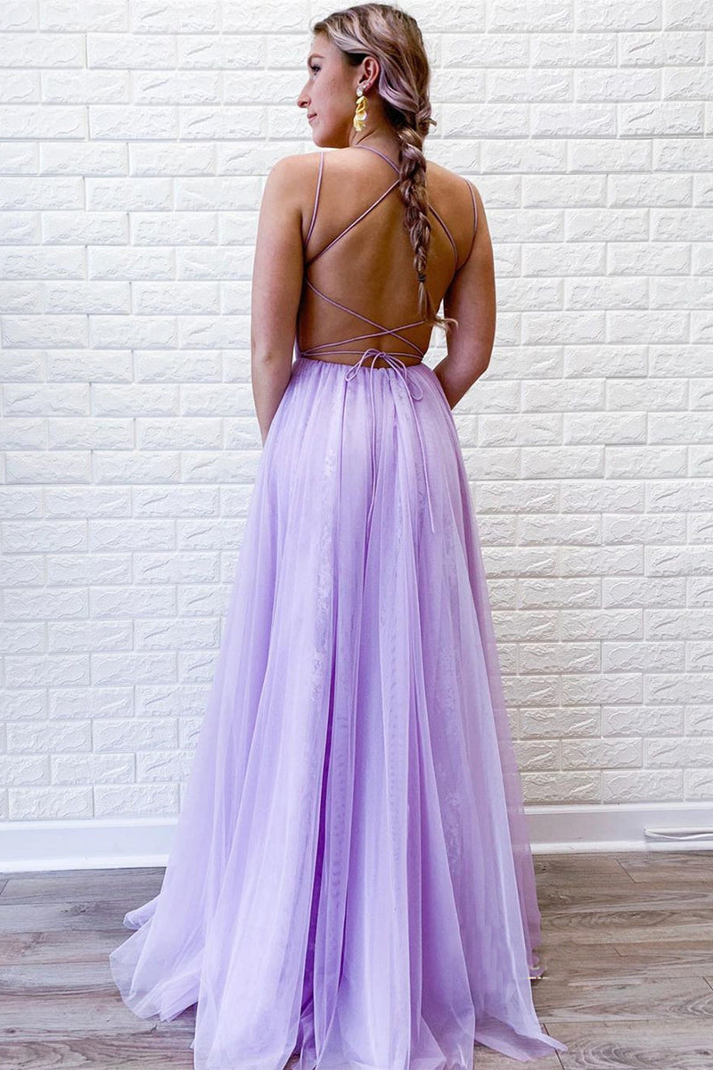 Load image into Gallery viewer, Light Purple Tulle Prom Dress with Lace