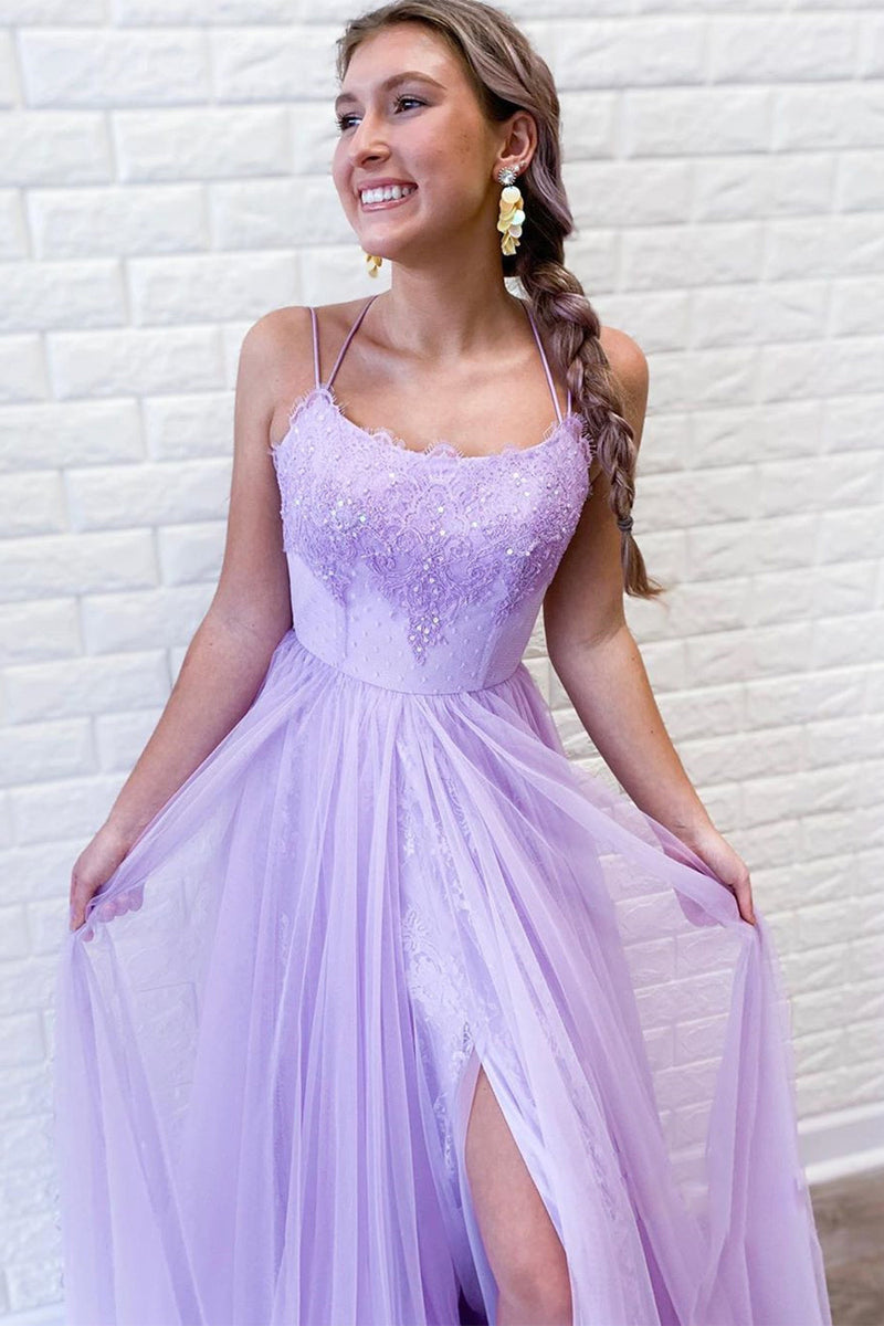 Load image into Gallery viewer, Light Purple Tulle Prom Dress with Lace