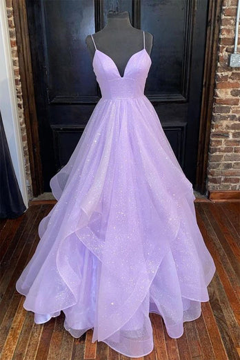 Glitter Lilac Spaghetti Straps Prom Dress