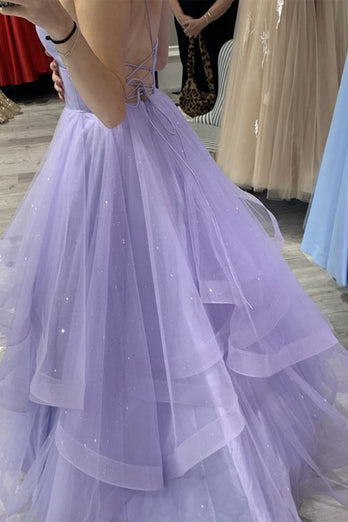 Glitter Lilac Spaghetti Straps Prom Dress