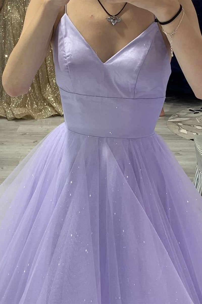 Load image into Gallery viewer, Glitter Lilac Spaghetti Straps Prom Dress