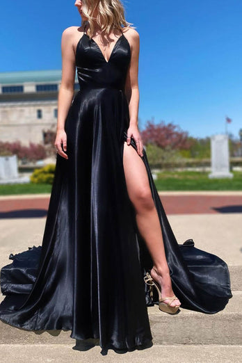 A-Line V-Neck Satin Black Long Prom Dress with Slit