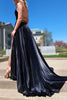 Load image into Gallery viewer, A-Line V-Neck Satin Black Long Prom Dress with Slit