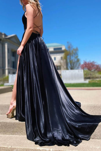 A-Line V-Neck Satin Black Long Prom Dress with Slit