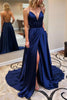 Load image into Gallery viewer, A-Line V-Neck Satin Black Long Prom Dress with Slit