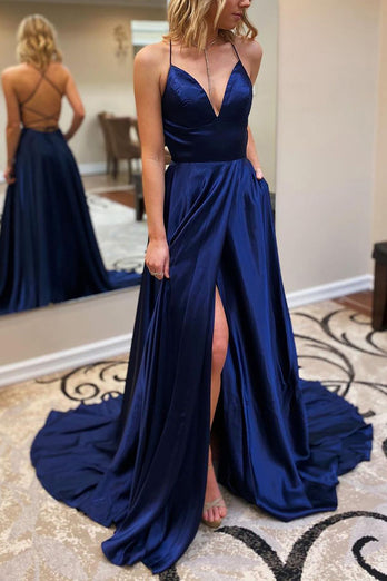 A-Line V-Neck Satin Black Long Prom Dress with Slit