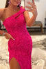 Load image into Gallery viewer, Fuchsia One Shoulder Sequins Prom Dress