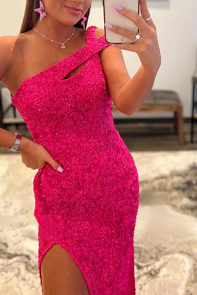 Load image into Gallery viewer, Fuchsia One Shoulder Sequins Prom Dress