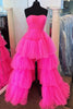 Load image into Gallery viewer, Stylish High Low Strapless Fuchsia Prom Dress with Ruffles