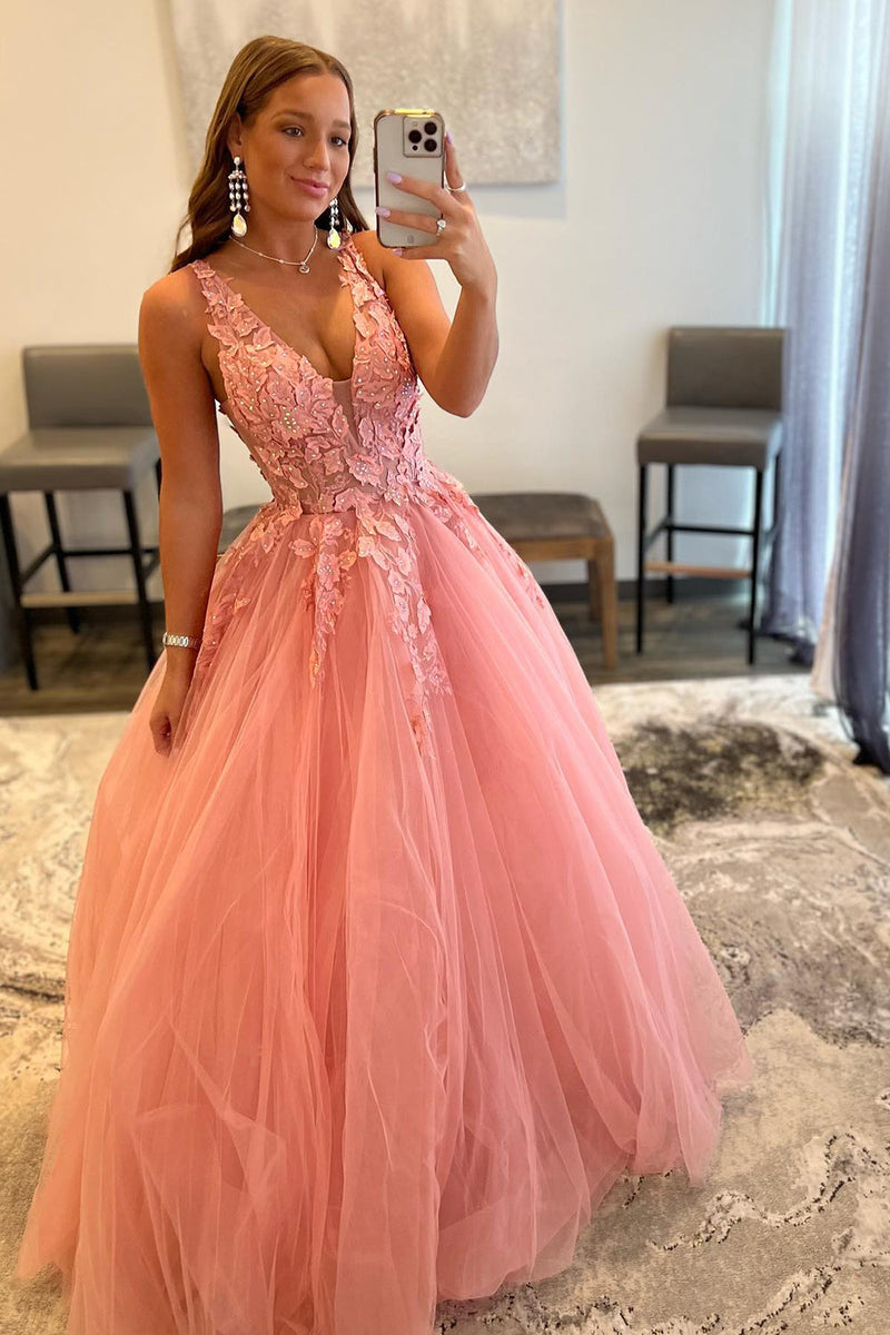 Load image into Gallery viewer, Princess A Line Deep V Neck Blush Long Prom Dress with Appliques