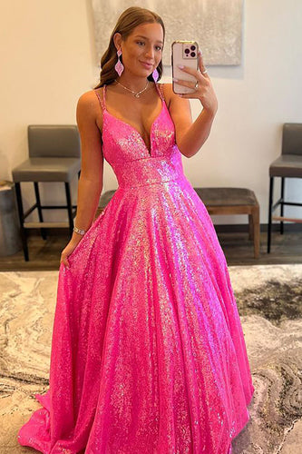 Glitter V-Neck Fuchsia Sequins Long Prom Dress