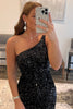 Load image into Gallery viewer, Tight Black Sequins One Shoulder Short Prom Dress