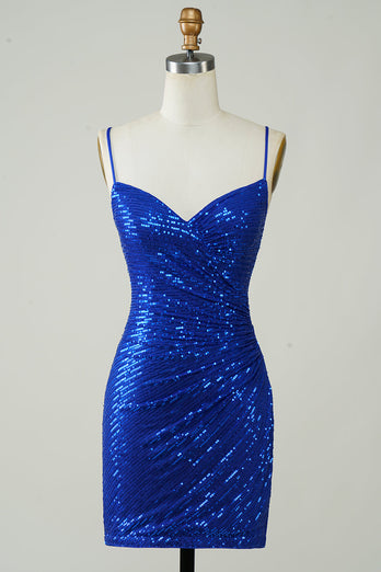 Sparkly Bodycon Spaghetti Straps Royal Blue Sequins Short Party Dress