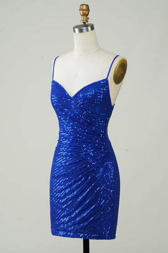 Sparkly Bodycon Spaghetti Straps Royal Blue Sequins Short Party Dress